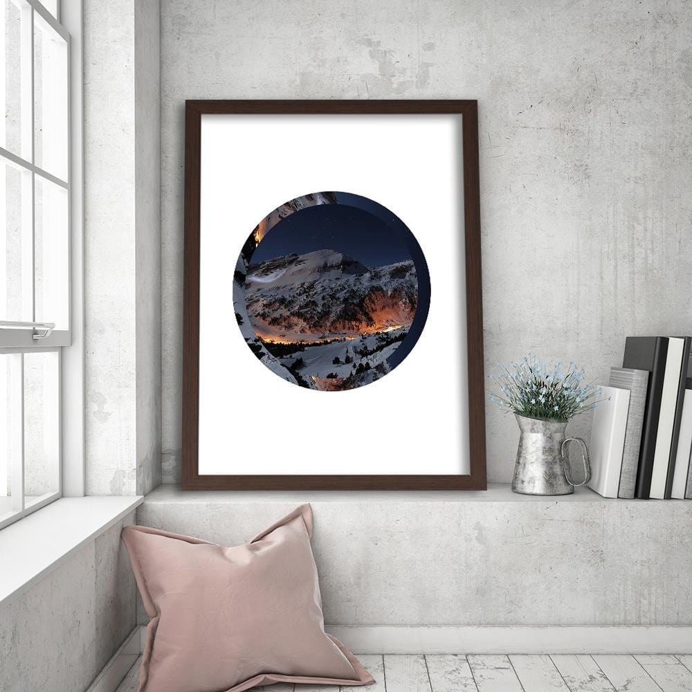 Glezna brūnā rāmī - Snow-Capped Mountains Circle Home Trends DECO