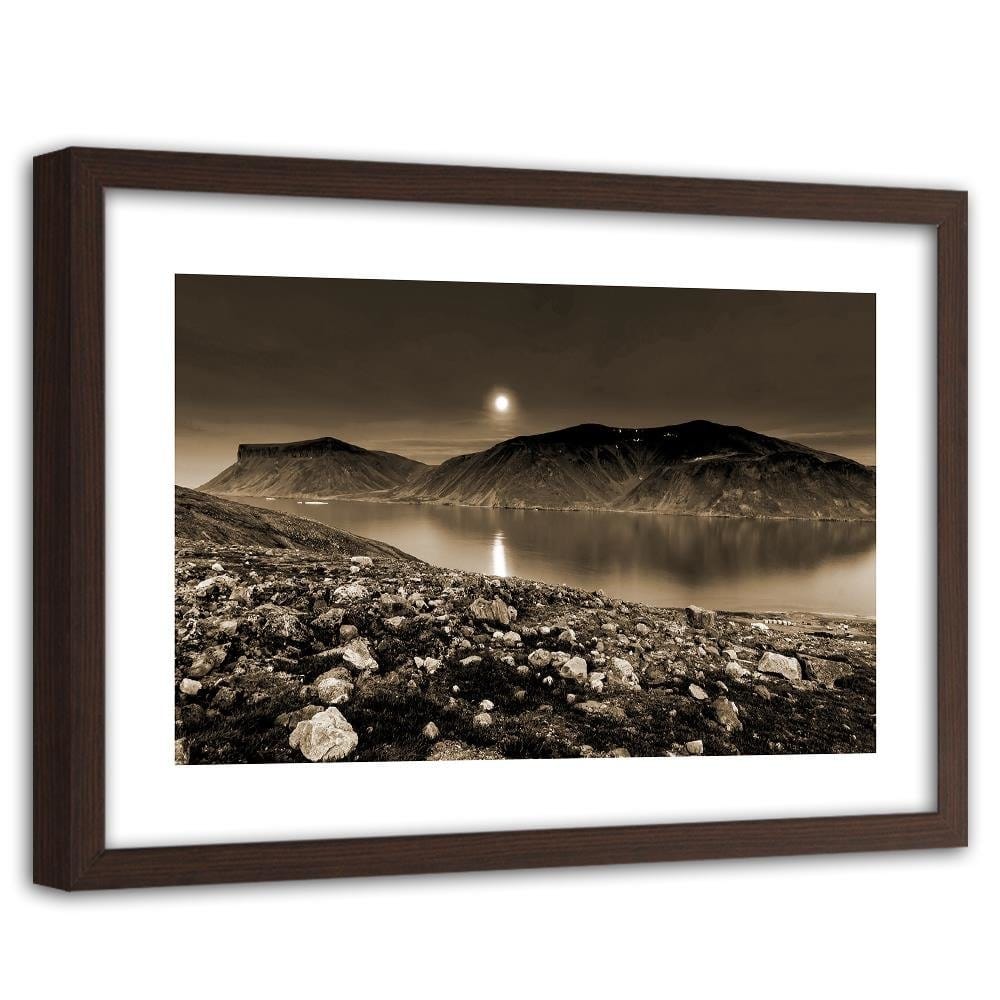 Glezna brūnā rāmī - Sunset Over A Mountain Lake 1 Home Trends DECO