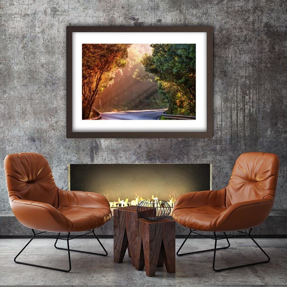 Glezna brūnā rāmī - The Rays Of The Sun On The Forest Road Home Trends DECO