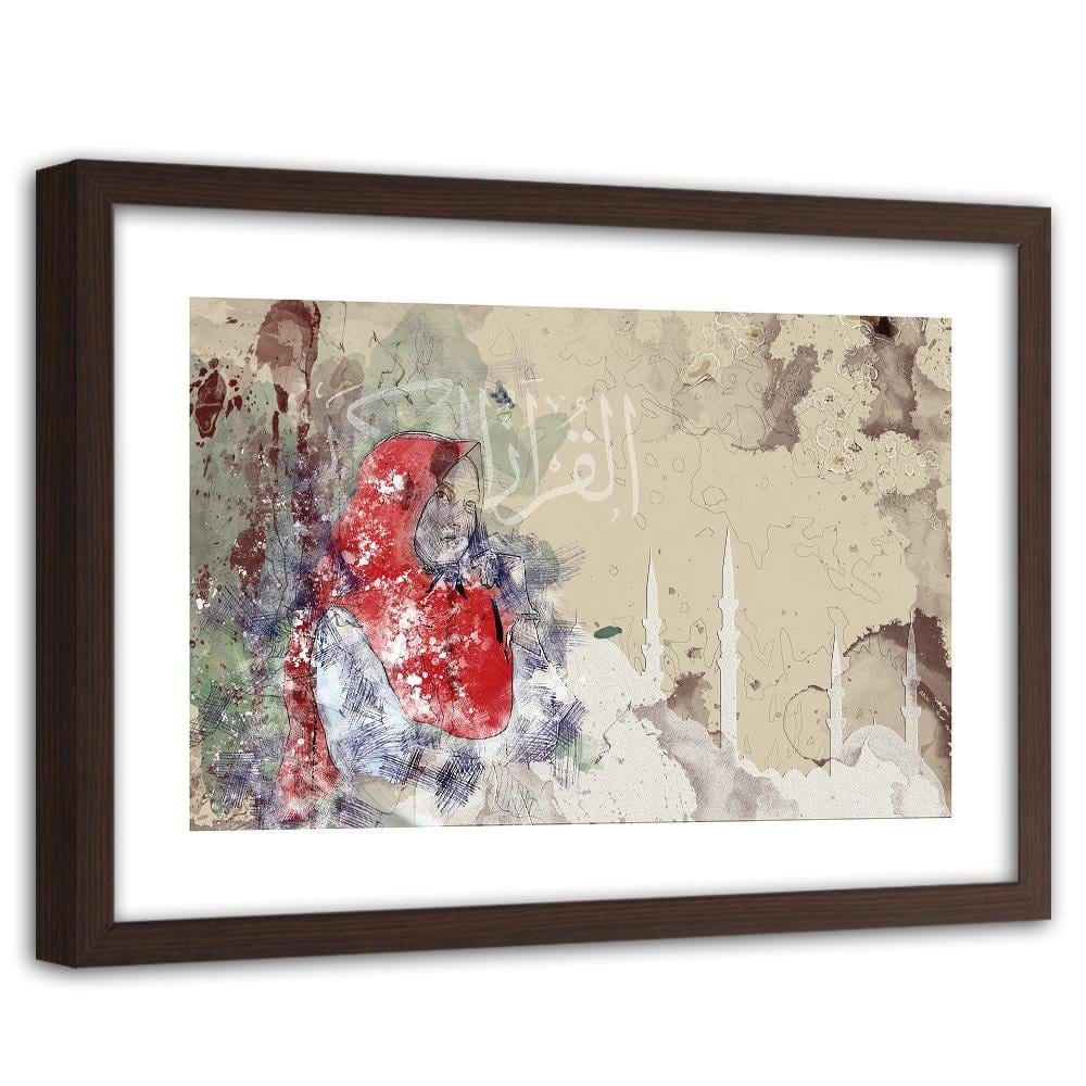Glezna brūnā rāmī - Woman In Red Headscarf Home Trends DECO