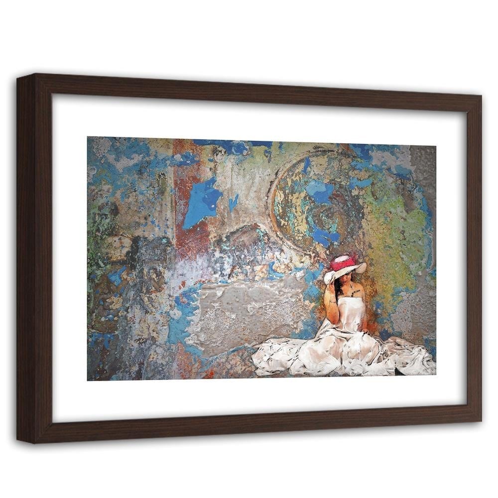 Glezna brūnā rāmī - Woman In White Dress And Hat Home Trends DECO