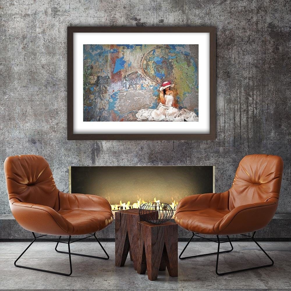 Glezna brūnā rāmī - Woman In White Dress And Hat Home Trends DECO