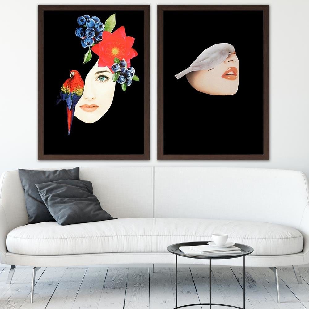Glezna brūnā rāmī - Woman With Bird Black Home Trends DECO