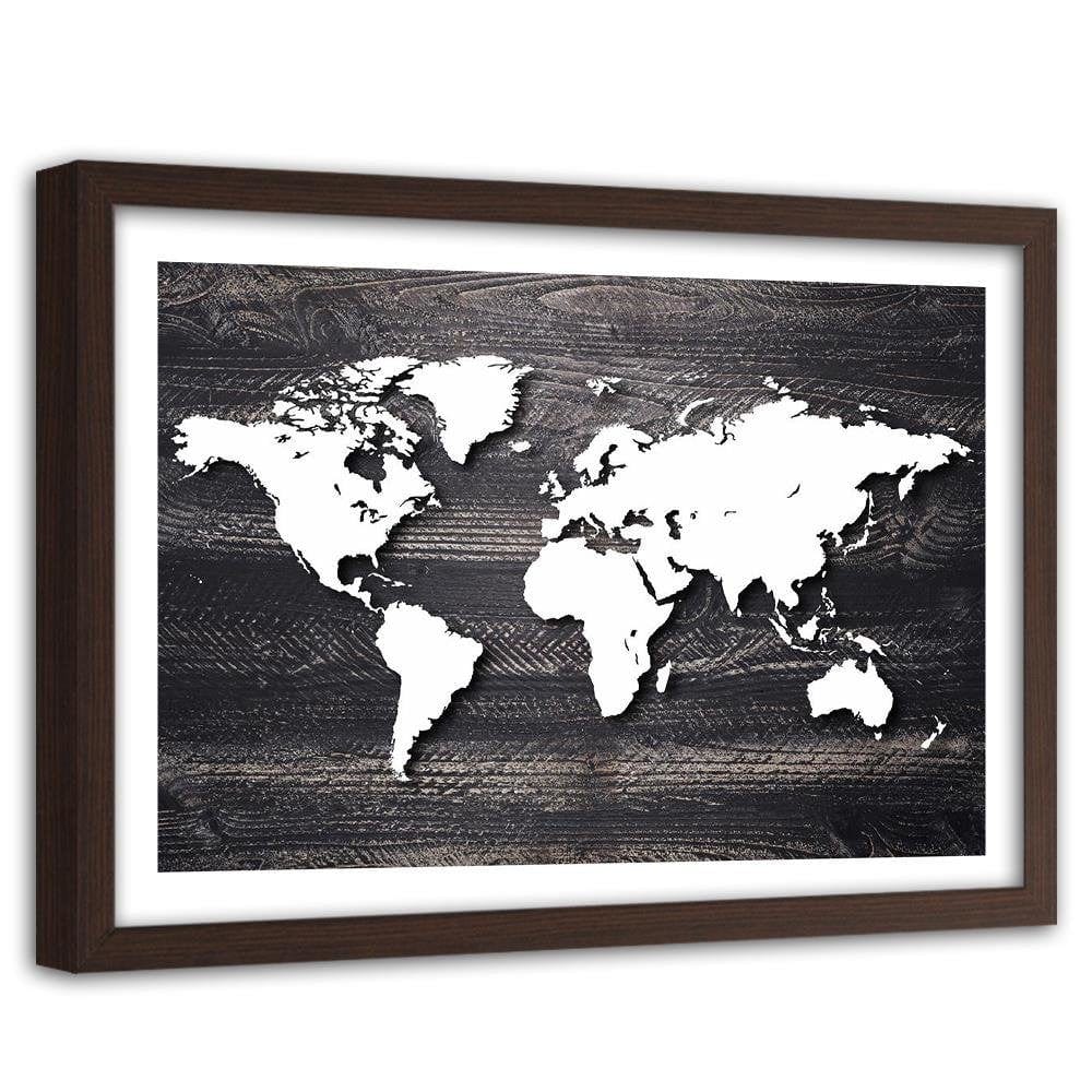 Glezna brūnā rāmī - World Map On A Gray Wood Home Trends DECO