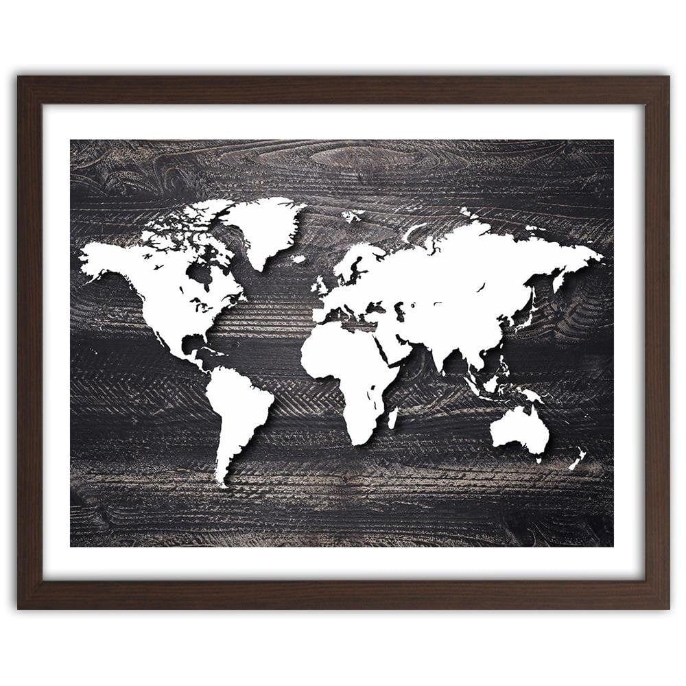 Glezna brūnā rāmī - World Map On A Gray Wood Home Trends DECO