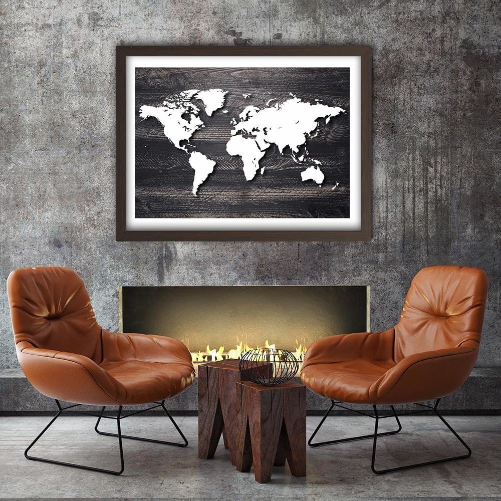 Glezna brūnā rāmī - World Map On A Gray Wood Home Trends DECO