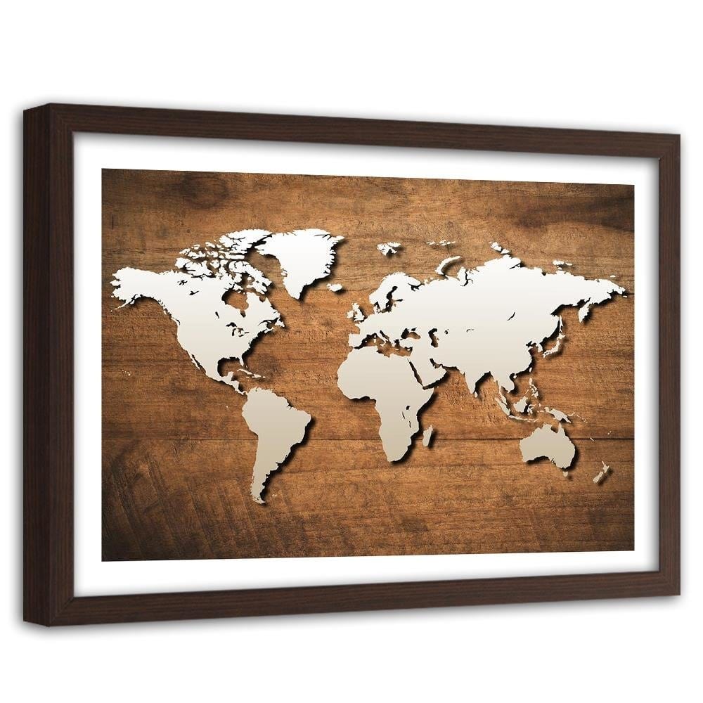 Glezna brūnā rāmī - World Map On A Wooden Board Home Trends DECO
