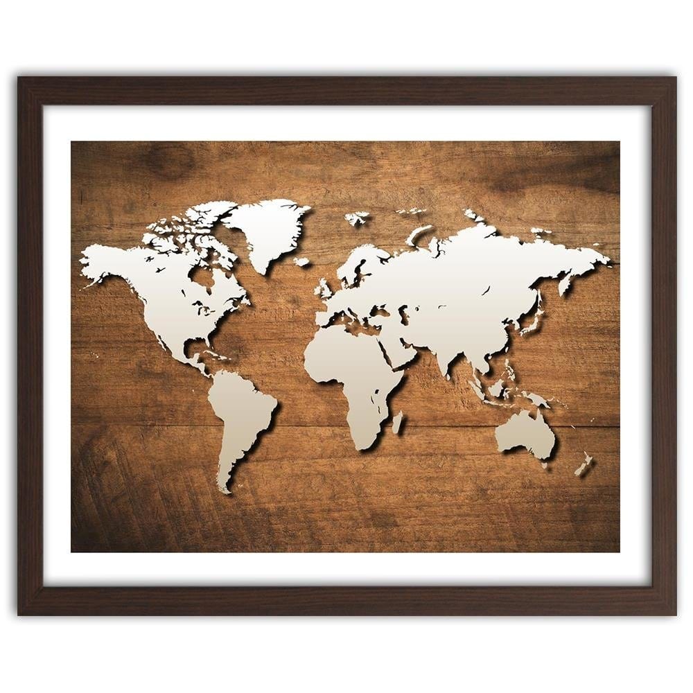 Glezna brūnā rāmī - World Map On A Wooden Board Home Trends DECO