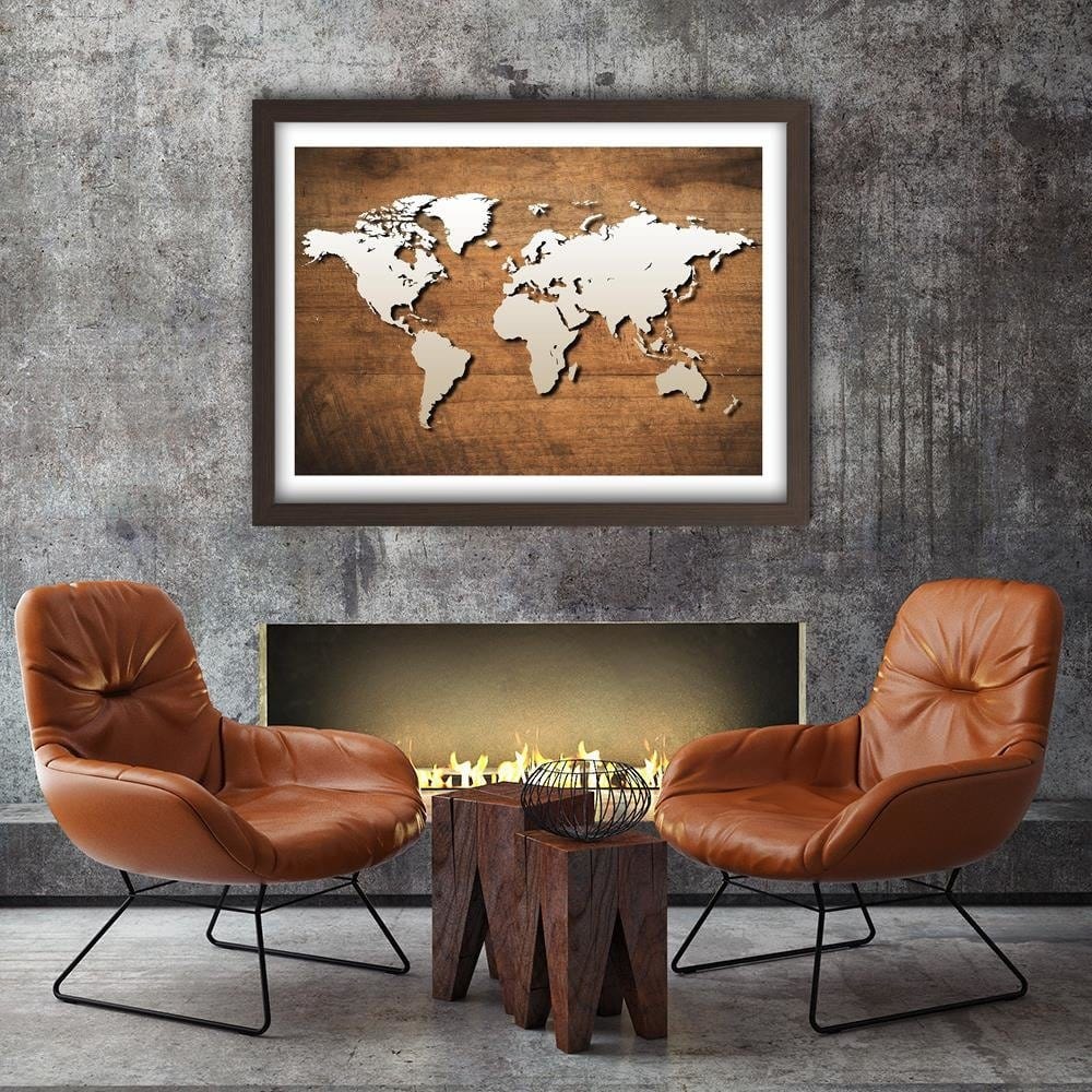 Glezna brūnā rāmī - World Map On A Wooden Board Home Trends DECO