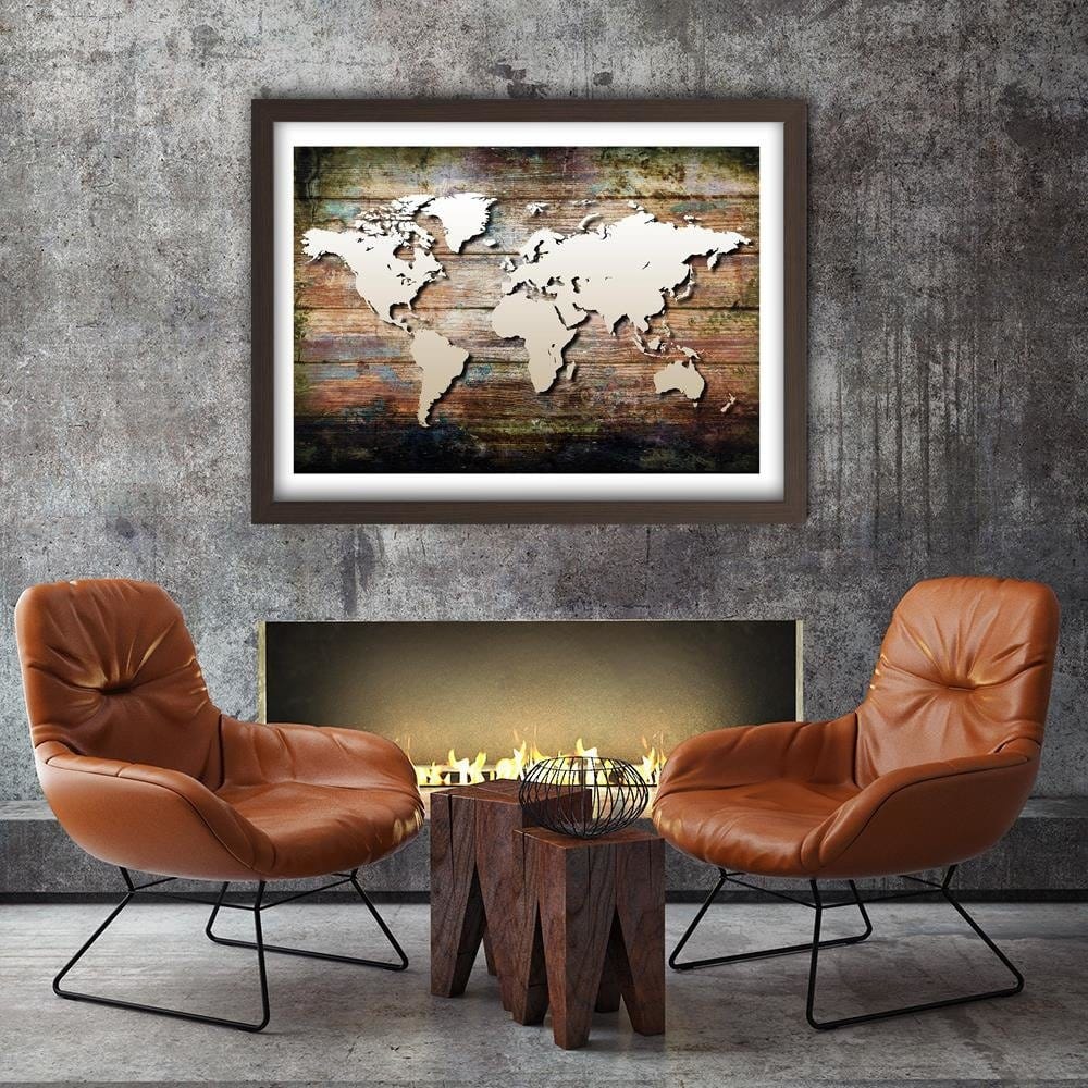 Glezna brūnā rāmī - World Map On Old Boards Home Trends DECO
