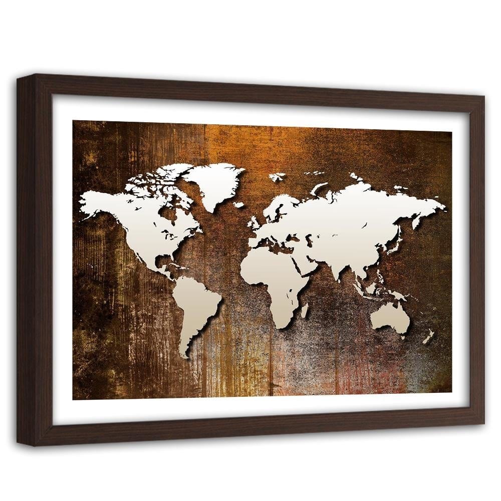 Glezna brūnā rāmī - World Map On Wood Home Trends DECO