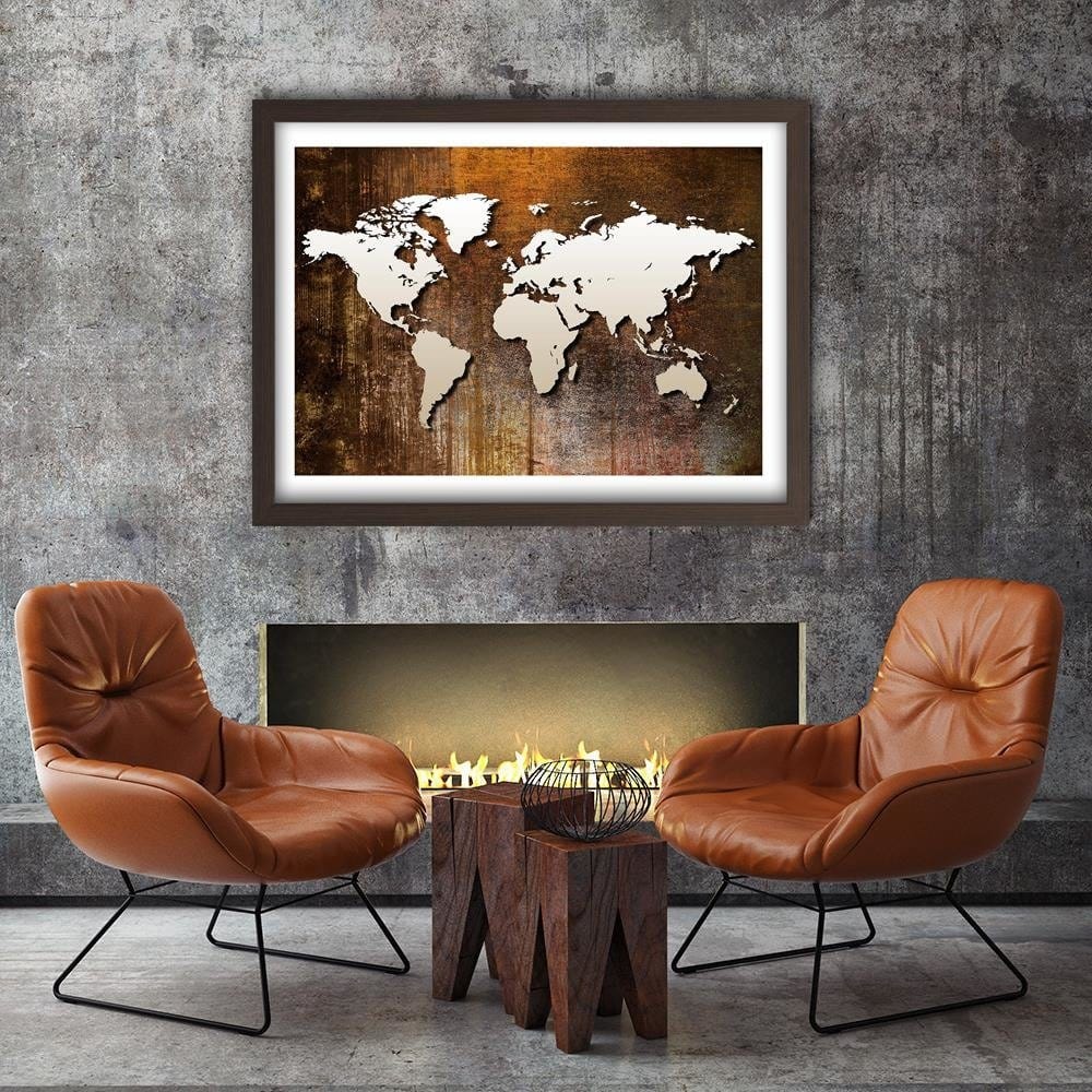 Glezna brūnā rāmī - World Map On Wood Home Trends DECO