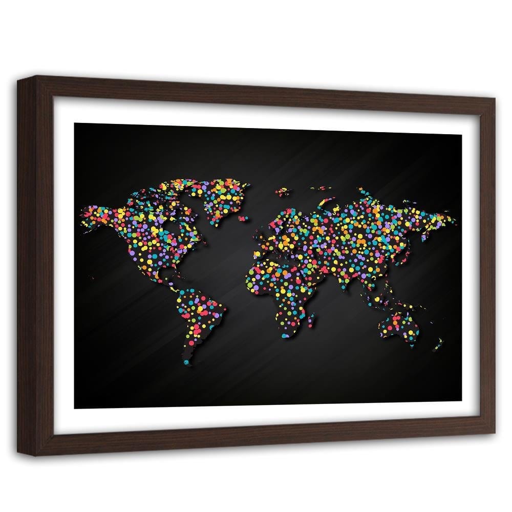 Glezna brūnā rāmī - World Map With Colored Dots Home Trends DECO