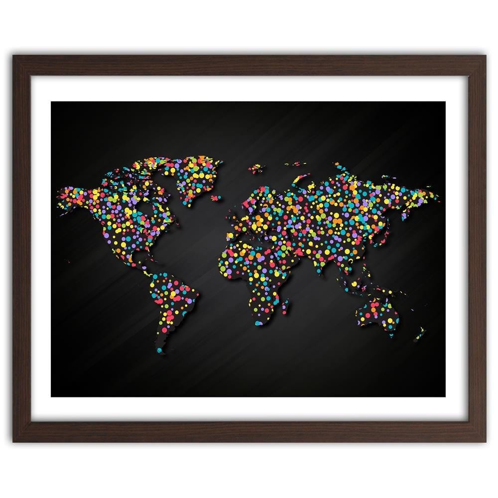 Glezna brūnā rāmī - World Map With Colored Dots Home Trends DECO