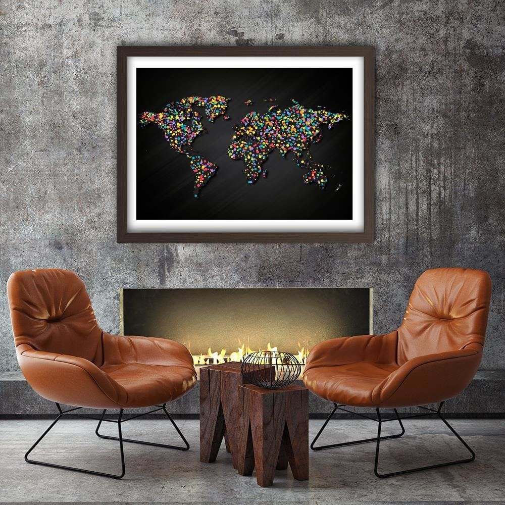 Glezna brūnā rāmī - World Map With Colored Dots Home Trends DECO
