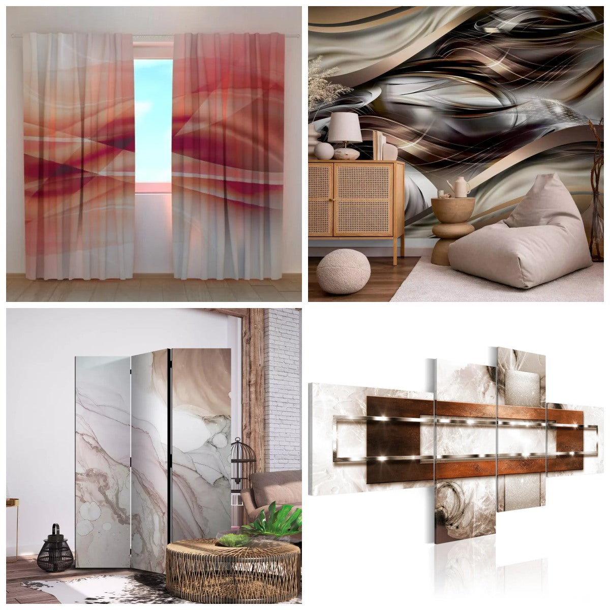 Aizkari, fototapetes, gleznas un aizslietnis mūsdienīga interjerā