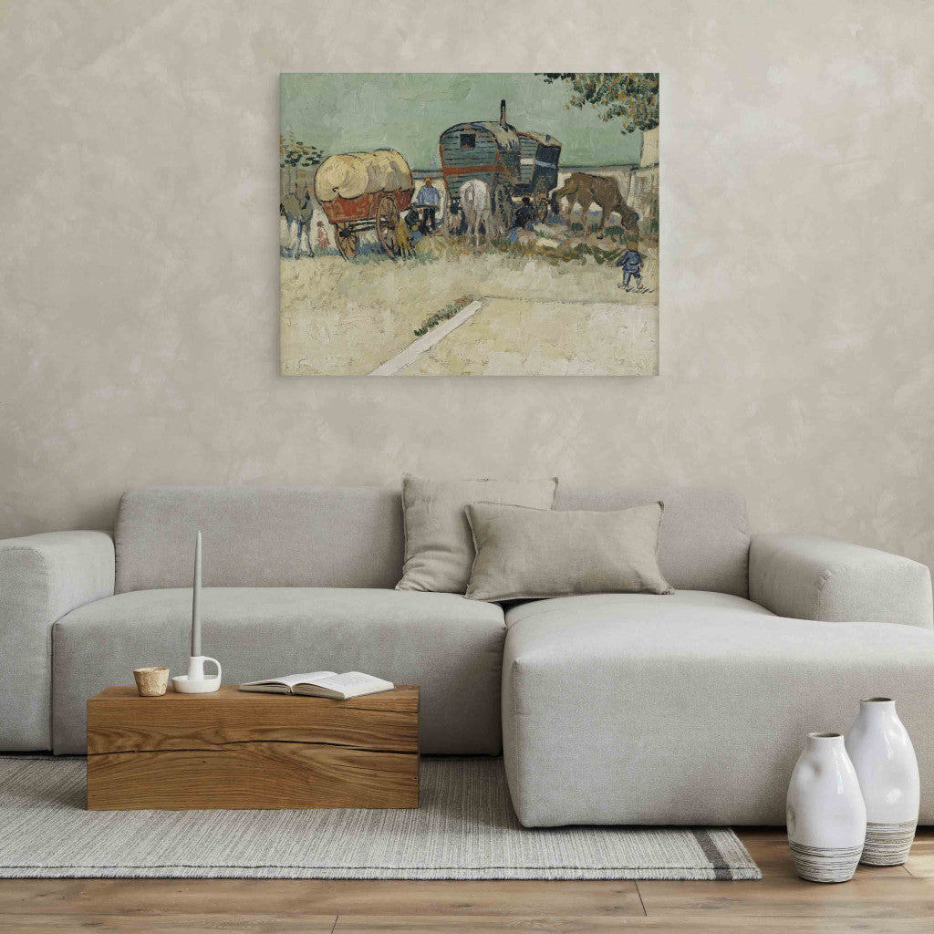 Gleznas reprodukcija - Vincent van Gogh - Gypsy camp, horsedrawn wagon