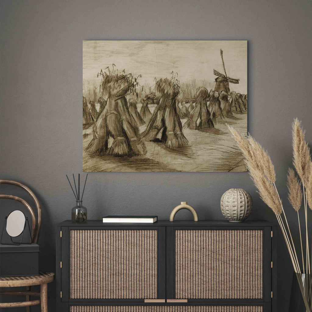 Gleznas reprodukcija - Vincent van Gogh - Wheat Field with Sheaves and a Windmill