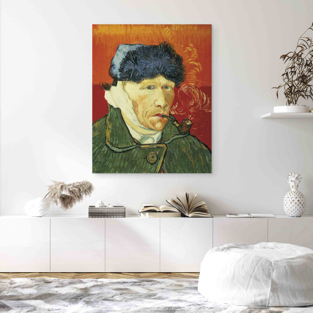 Gleznas reprodukcija - Vincent van Gogh - Selfportrait with fur hat, bandaged ear and tobacco pipe