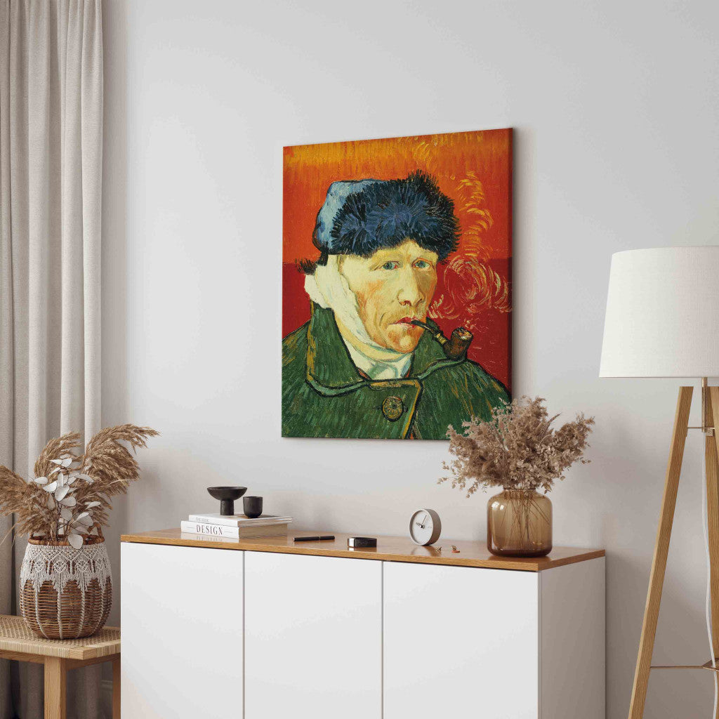 Gleznas reprodukcija - Vincent van Gogh - Selfportrait with fur hat, bandaged ear and tobacco pipe