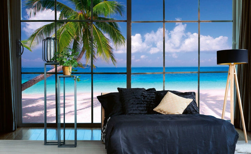 3D Flizelīna fototapetes - Skats uz tropisko pludmali no loga 375 x 250 cm D-ART