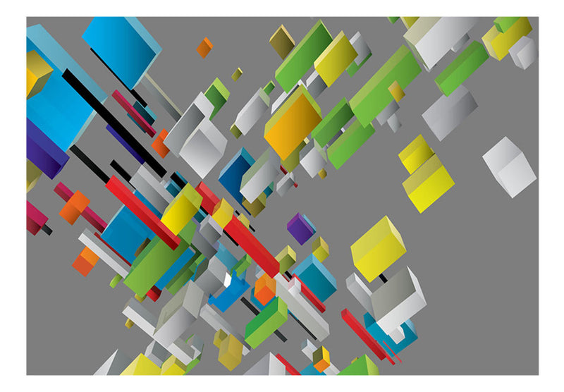 3D fototapetes - krāsaina ģeometriska abstrakcija uz pelēka fona, 97649