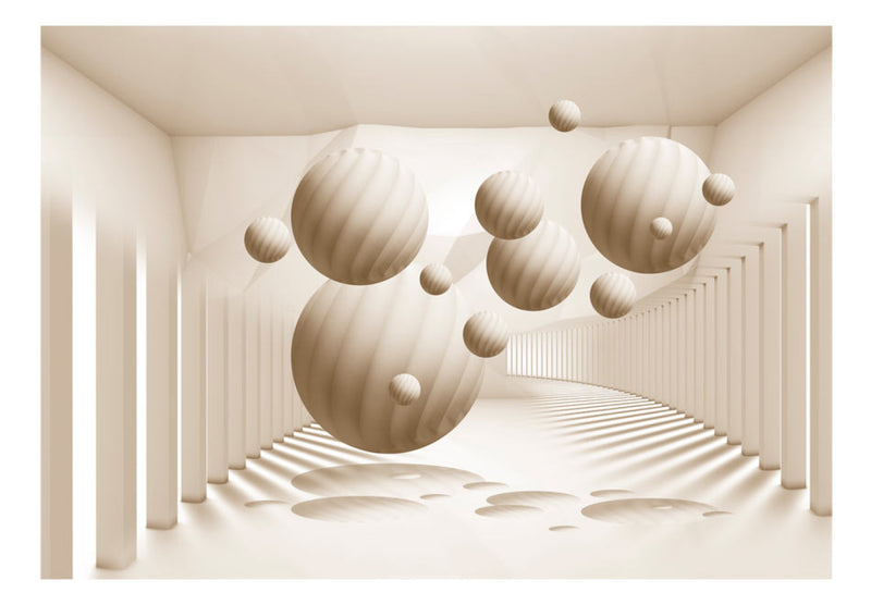 3D Fototapetes - smilškrāsas sfēras ar ēnu gaišā telpā ar kolonnām, 61900