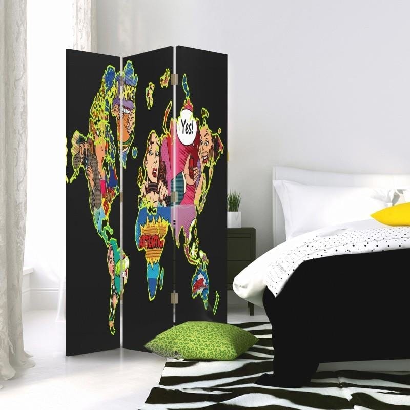 Aizslietnis, 3 paneļi, Divpusējs, 360° rotējošas eņģes, Kanva, Black Pop Art Map Of The World  Home Trends