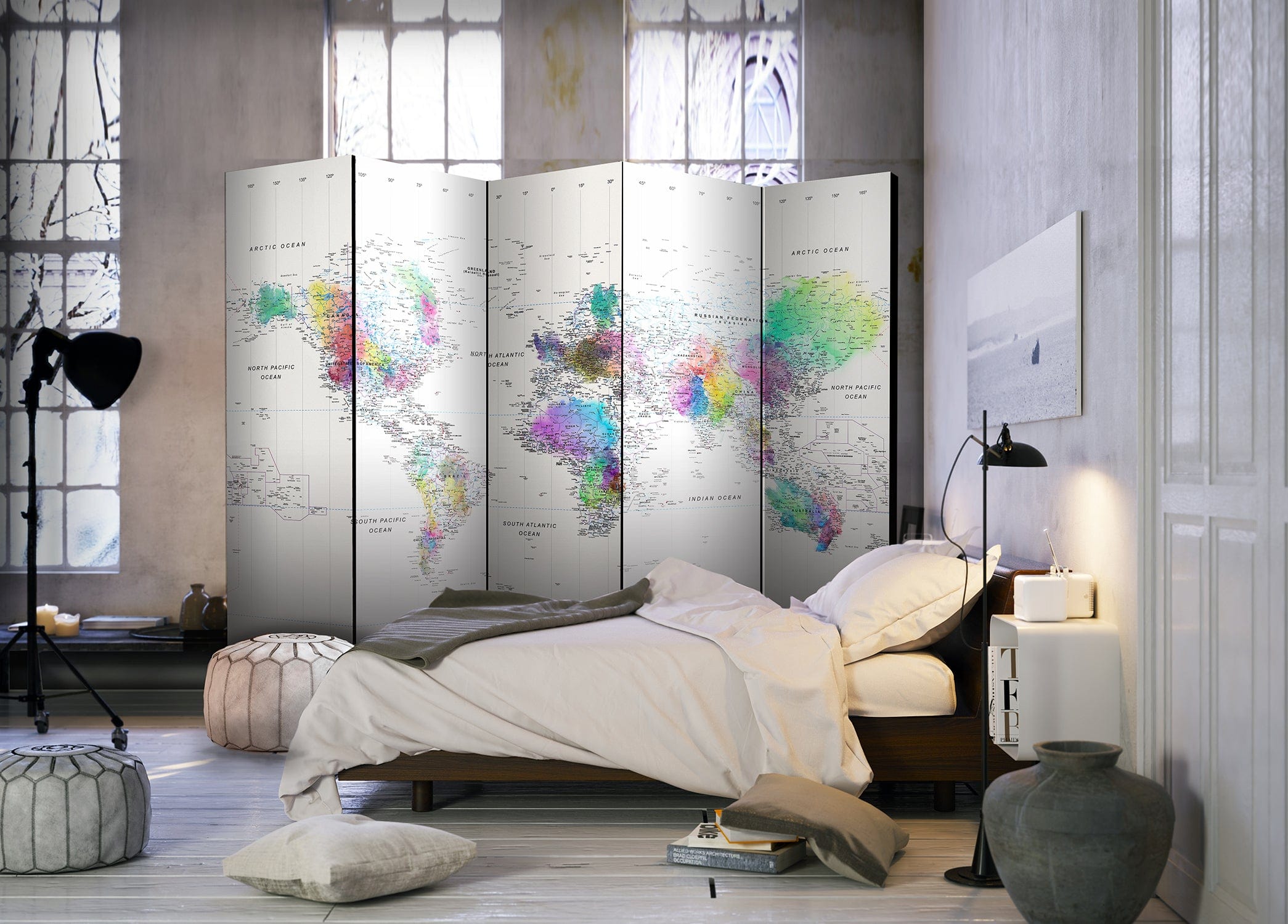 Aizslietnis 5-daļīgs - Pasaules karte ar baltiem toņiem (225x172cm) 225x172 cm Home Trends