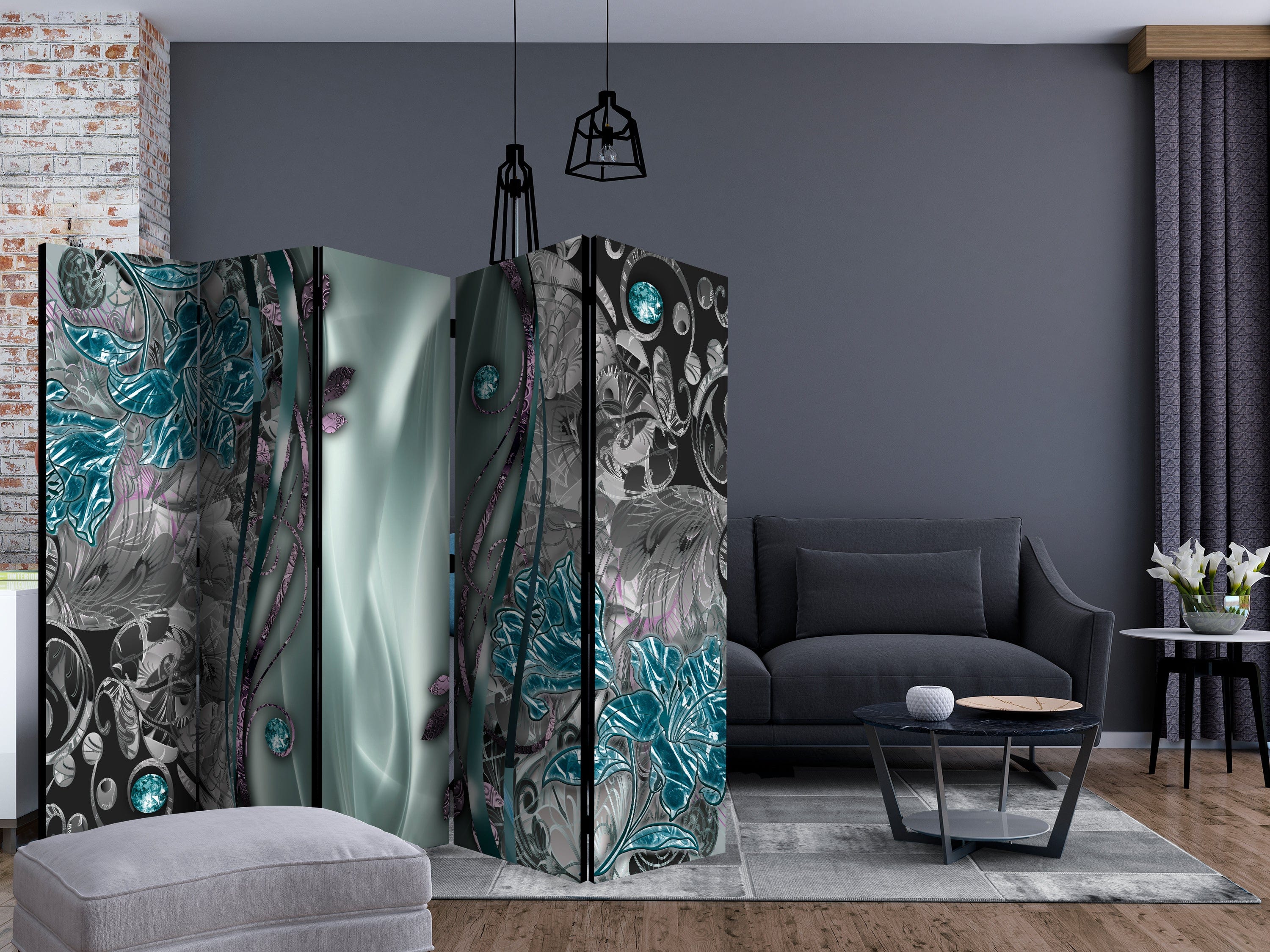 Aizslietnis 5-daļīgs - Ziedu aizkars (tirkīza) (225x172cm) 225x172 cm Home Trends