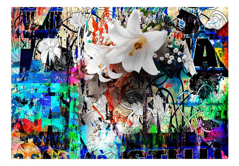 Daudzkrāsainas fototapetes ar lilijām un grafiti - Pilsētas lilija E-interjers.lv