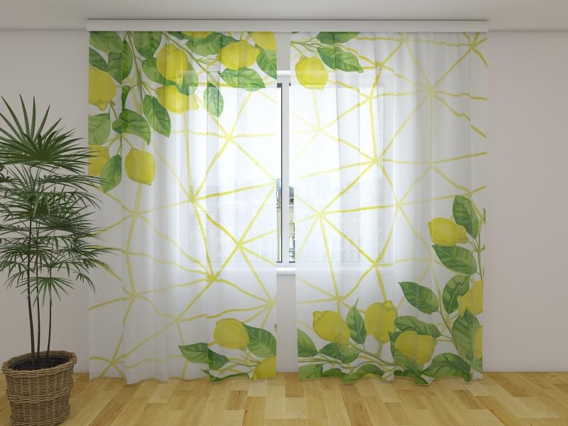 Dienas un nakts aizkari - Akvareļkrāsa Citroni uz zelta raksta 180 x 140 cm (2X 90x140 cm) / Сaurspīdīgs šifons E-interjers.lv