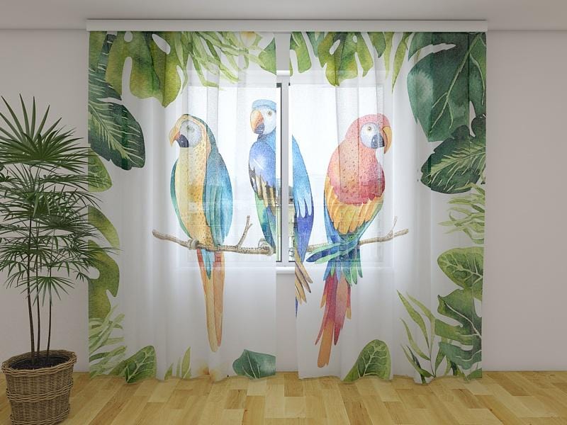 Dienas un nakts aizkari - Akvareļkrāsas augi un papagaiļi 180 x 140 cm (2X 90x140 cm) / Сaurspīdīgs šifons E-interjers.lv