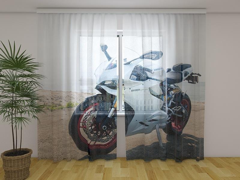 Dienas un nakts aizkari - Balts motocikls Dukati Panigale 180 x 140 cm (2X 90x140 cm) / Сaurspīdīgs šifons E-interjers.lv