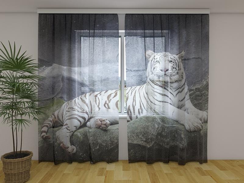 Dienas un nakts aizkari - Balts tīģeris uz klints 180 x 140 cm (2X 90x140 cm) / Сaurspīdīgs šifons E-interjers.lv