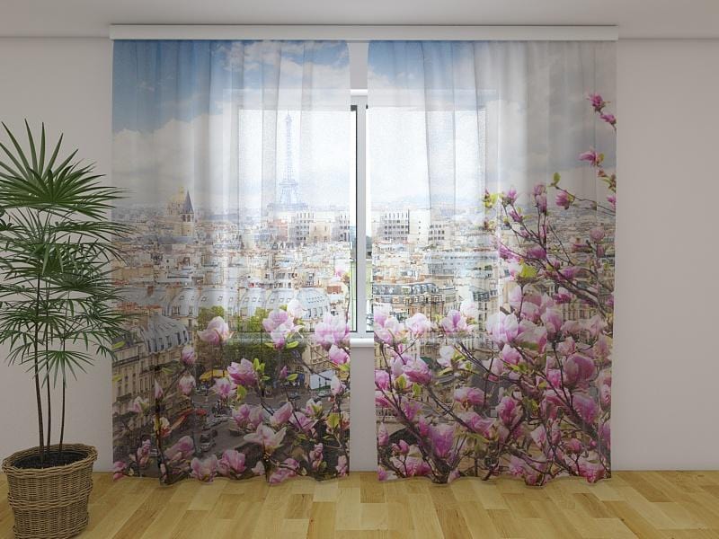 Dienas un nakts aizkari - Eifeļa tornis ar ziedošu magnoliju 180 x 140 cm (2X 90x140 cm) / Сaurspīdīgs šifons E-interjers.lv