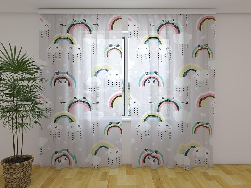 Dienas un nakts aizkari - Jauka varavīksne un mākoņi ar acīm 180 x 140 cm (2X 90x140 cm) / Сaurspīdīgs šifons E-interjers.lv