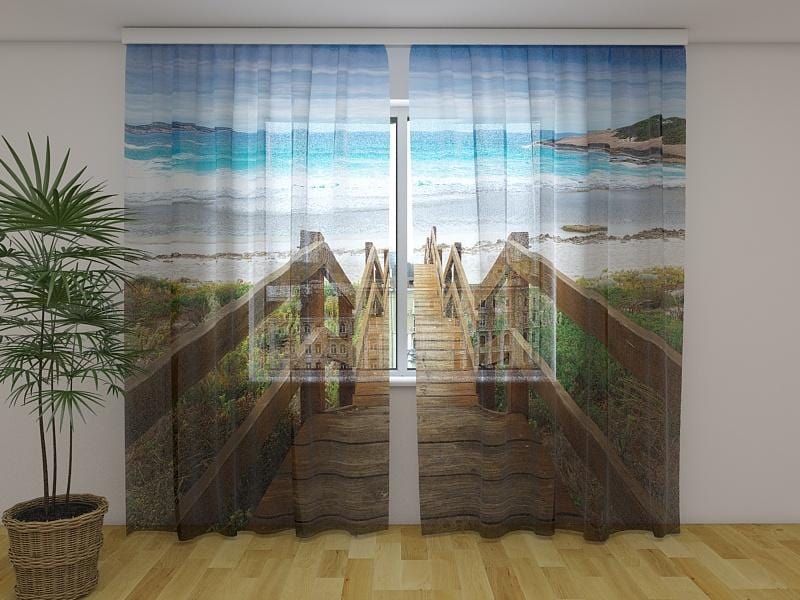 Dienas un nakts aizkari - Koka kāpnes Austrālijas pludmalē 180 x 140 cm (2X 90x140 cm) / Сaurspīdīgs šifons E-interjers.lv