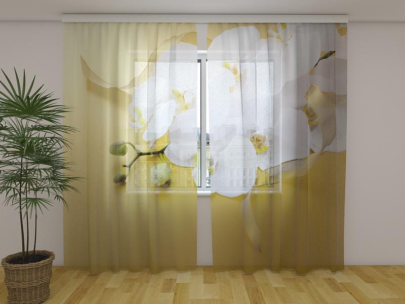Dienas un nakts aizkari - Orhidejas uz zelta 180 x 140 cm (2X 90x140 cm) / Сaurspīdīgs šifons E-interjers.lv