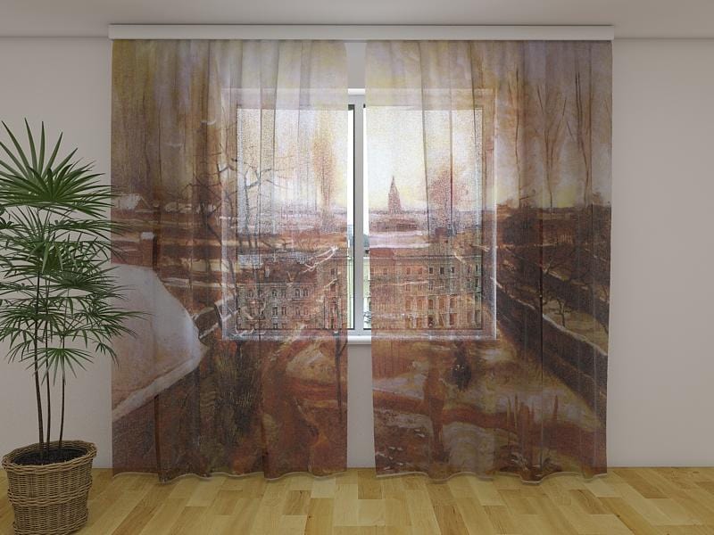 Dienas un nakts aizkari - Pagasta dārzs Nuenēnā sniegā - Vinsents van Gogs 180 x 140 cm (2X 90x140 cm) / Сaurspīdīgs šifons E-interjers.lv