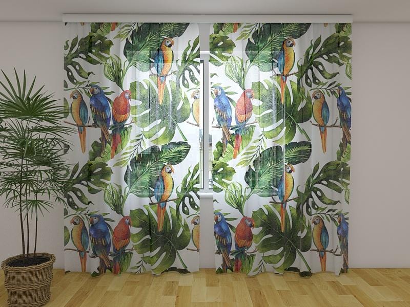 Dienas un nakts aizkari - Palmu lapas ar papagaiļiem 180 x 140 cm (2X 90x140 cm) / Сaurspīdīgs šifons E-interjers.lv