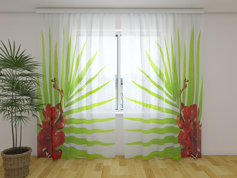 Dienas un nakts aizkari - Palmu lapas ar sarkanām orhidejām 180 x 140 cm (2X 90x140 cm) / Сaurspīdīgs šifons E-interjers.lv