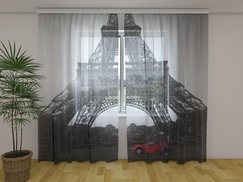 Dienas un nakts aizkari - Retro auto un Eifeļa tornis 180 x 140 cm (2X 90x140 cm) / Сaurspīdīgs šifons E-interjers.lv
