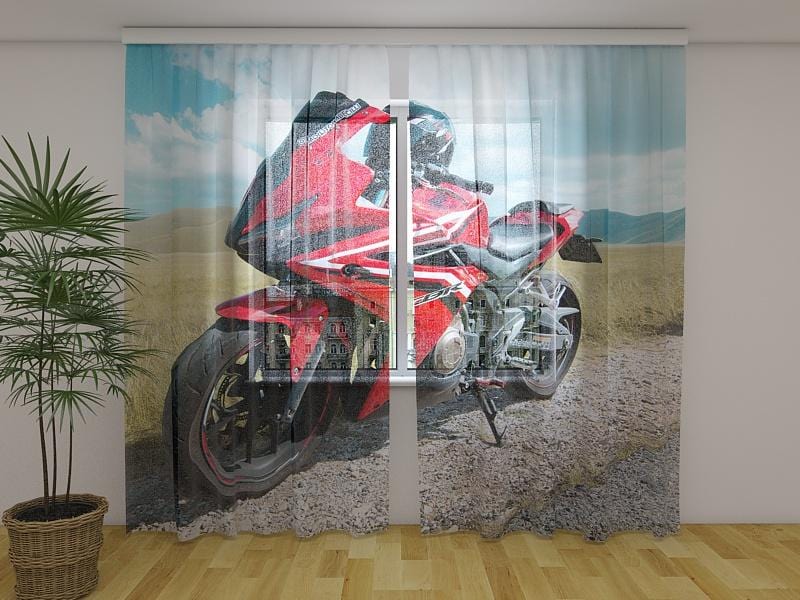 Dienas un nakts aizkari - Sarkans motocikls Honda 180 x 140 cm (2X 90x140 cm) / Сaurspīdīgs šifons E-interjers.lv