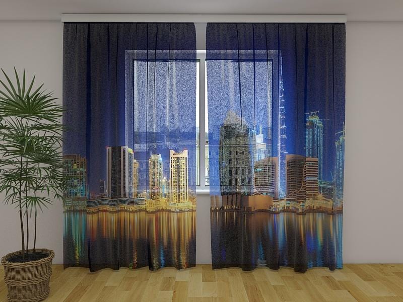 Dienas un nakts aizkari - Skats uz Dubaijas Biznesa līci 180 x 140 cm (2X 90x140 cm) / Сaurspīdīgs šifons E-interjers.lv