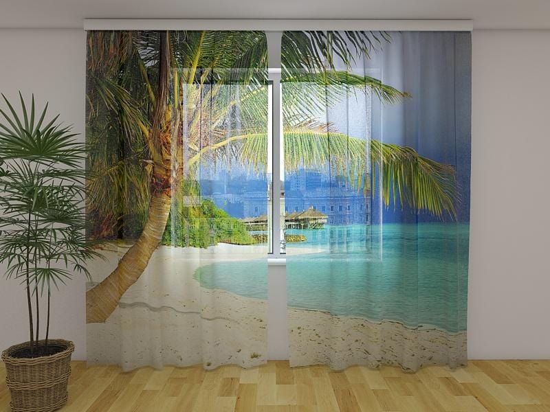 Dienas un nakts aizkari - Tropu pludmale ar palmām 180 x 140 cm (2X 90x140 cm) / Сaurspīdīgs šifons E-interjers.lv