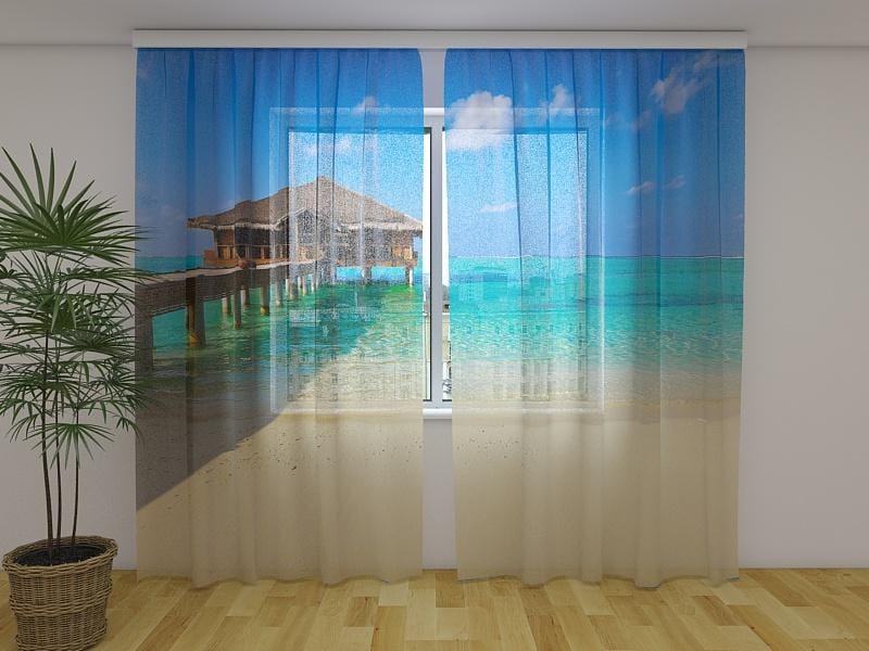Dienas un nakts aizkari - Tropu pludmale Maldīvu salās 180 x 140 cm (2X 90x140 cm) / Сaurspīdīgs šifons E-interjers.lv