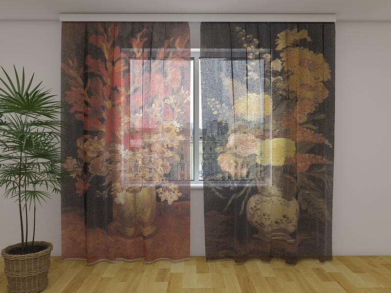 Dienas un nakts aizkari - Vāze ar asterēm, salvijām un citiem ziediem - Vinsents van Gogs 180 x 140 cm (2X 90x140 cm) / Сaurspīdīgs šifons E-interjers.lv