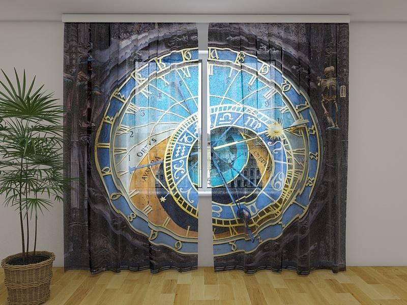 Dienas un nakts aizkari - Vecais Prāgas astronomiskais pulkstenis 180 x 140 cm (2X 90x140 cm) / Сaurspīdīgs šifons E-interjers.lv