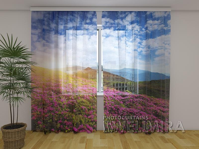 Dienas un nakts aizkari - Ziedi un kalni 180 x 140 cm (2X 90x140 cm) / Сaurspīdīgs šifons E-interjers.lv